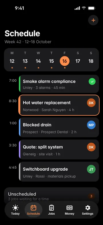 Glovebox Schedule screen