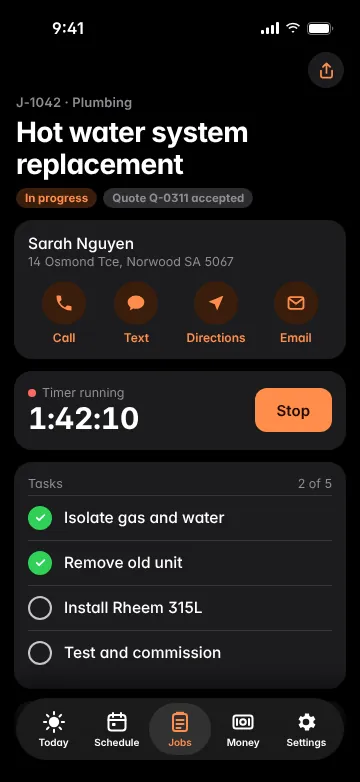 Glovebox job card for a hot water system replacement: customer contacts, a running timer, tasks and photos