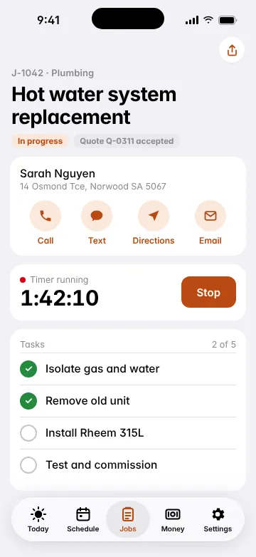 Glovebox job card for a hot water system replacement: customer contacts, a running timer, tasks and photos