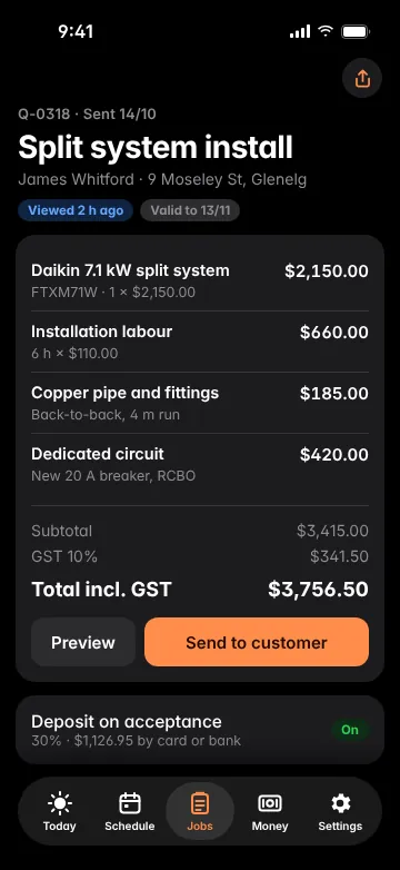 Glovebox quote for a split system install in Glenelg: line items, GST and a total of $3,756.50, ready to send
