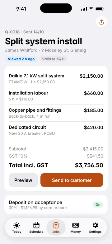 Glovebox quote for a split system install in Glenelg: line items, GST and a total of $3,756.50, ready to send